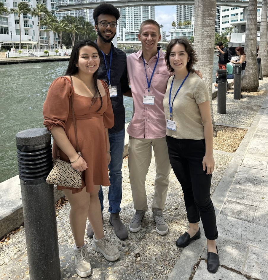 CEELAB members participated in the Marine Benthic Ecology Meeting in Miami, Fl. Left to right: Luciana Banquero, Mickey Negash, Gabe Benson and Katherine Harris. May 2023.